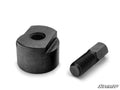 The Polaris Flywheel Puller Tool kit includes a cylindrical adapter with an off-center groove and inner thread, plus a hexagonal-head bolt with coarse threads. Both parts are shown on a white background with the SuperATV logo in the bottom right corner.