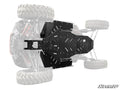 This image highlights the Polaris RZR XP Full Skid Plate installed on the underside of an off-road vehicle, protecting its chassis. The skid plate is emphasized while the rest of the vehicle fades, with the SuperATV logo in the bottom right.