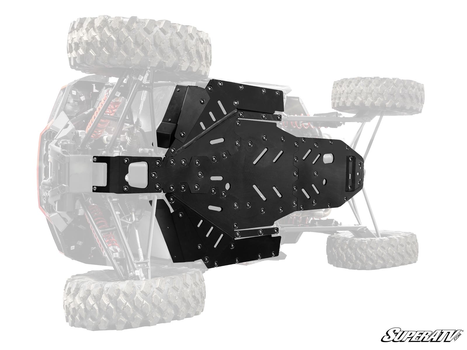 This image highlights the Polaris RZR XP Full Skid Plate installed on the underside of an off-road vehicle, protecting its chassis. The skid plate is emphasized while the rest of the vehicle fades, with the SuperATV logo in the bottom right.