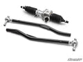 A black and silver Polaris RZR S 1000 RackBoss 2.0 Rack and Pinion for Big Lift Kits is shown with two black tie rods with metal rod ends, all on a white background, featuring the “SuperATV” logo in the lower right corner.