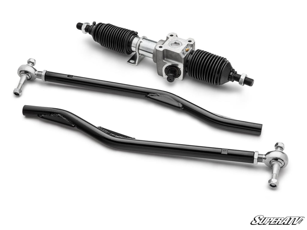 A high-angle photo shows a clean Polaris General RackBoss 2.0 Rack and Pinion for Big Lift Kits, featuring a black assembly with two curved heavy-duty tie rods with silver ends on a white background, and the SuperATV logo in the bottom right corner.