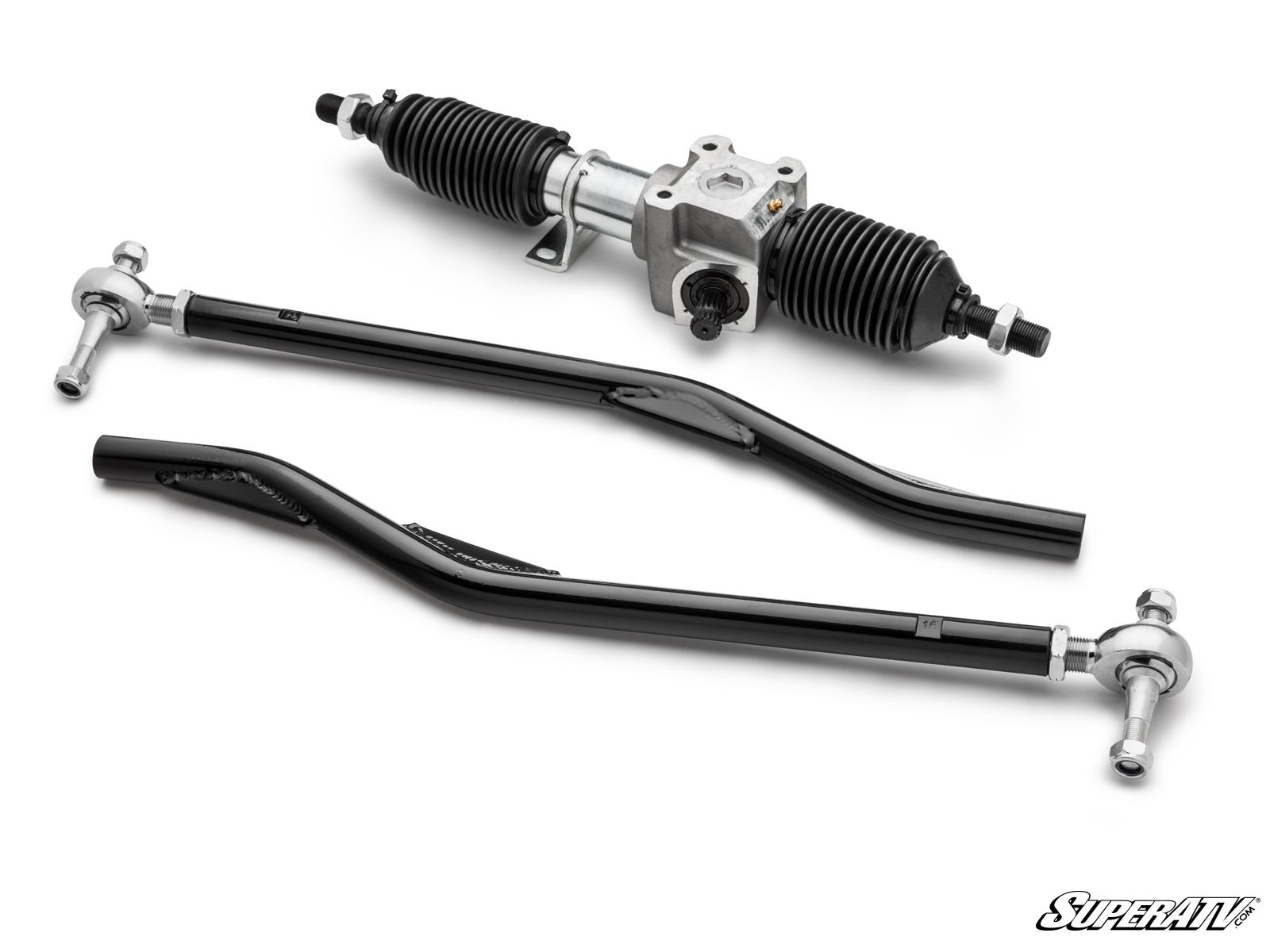 A high-angle photo shows a clean Polaris General RackBoss 2.0 Rack and Pinion for Big Lift Kits, featuring a black assembly with two curved heavy-duty tie rods with silver ends on a white background, and the SuperATV logo in the bottom right corner.