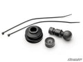 The Keller Ball Joint Rebuild Kit for Polaris includes black and metallic automotive parts: a rubber boot, metal ball stud, metal cap, and two black zip ties, displayed on a white background with the SuperATV logo in the lower right.