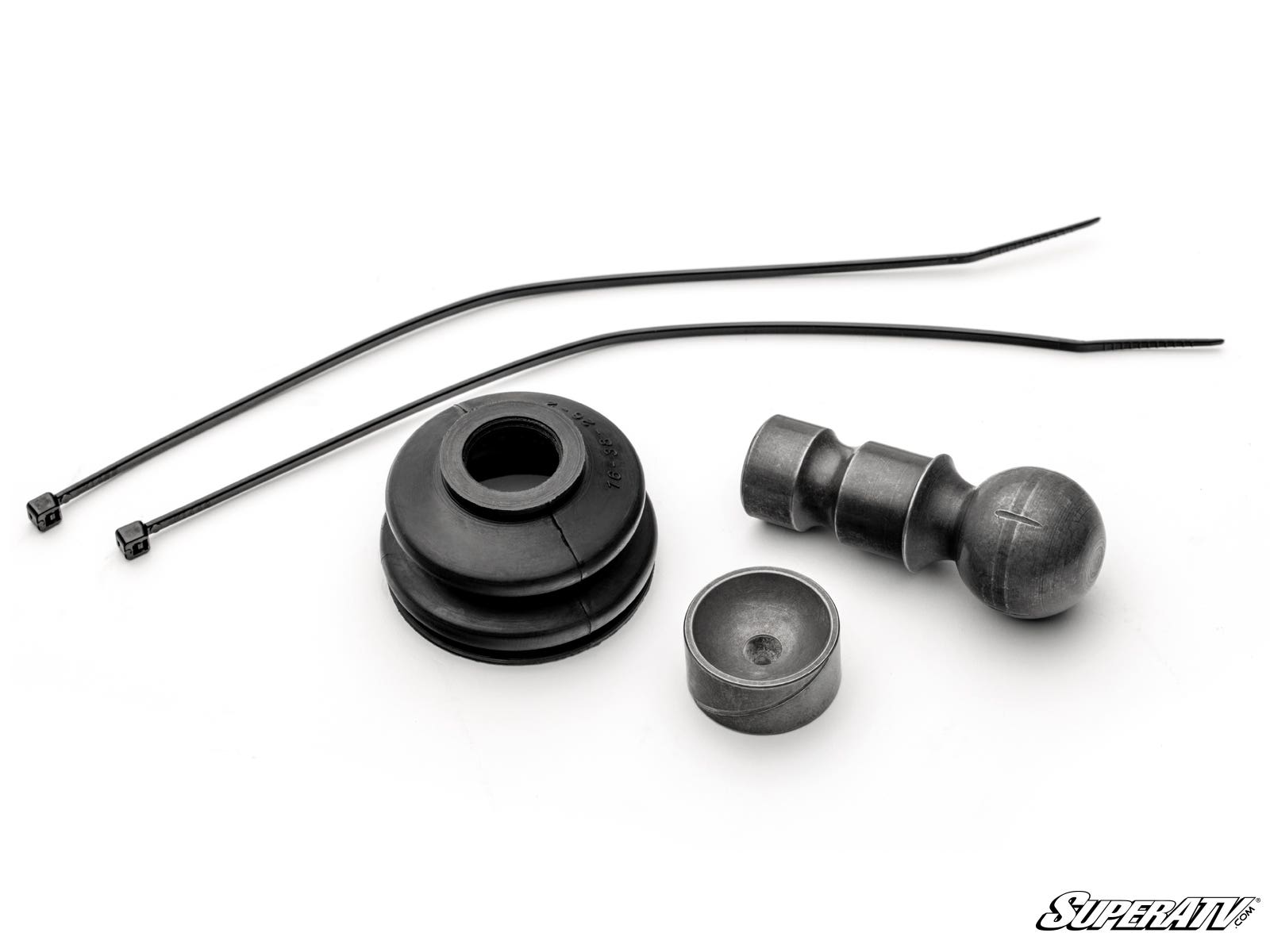 The Keller Ball Joint Rebuild Kit for Polaris includes black and metallic automotive parts: a rubber boot, metal ball stud, metal cap, and two black zip ties, displayed on a white background with the SuperATV logo in the lower right.