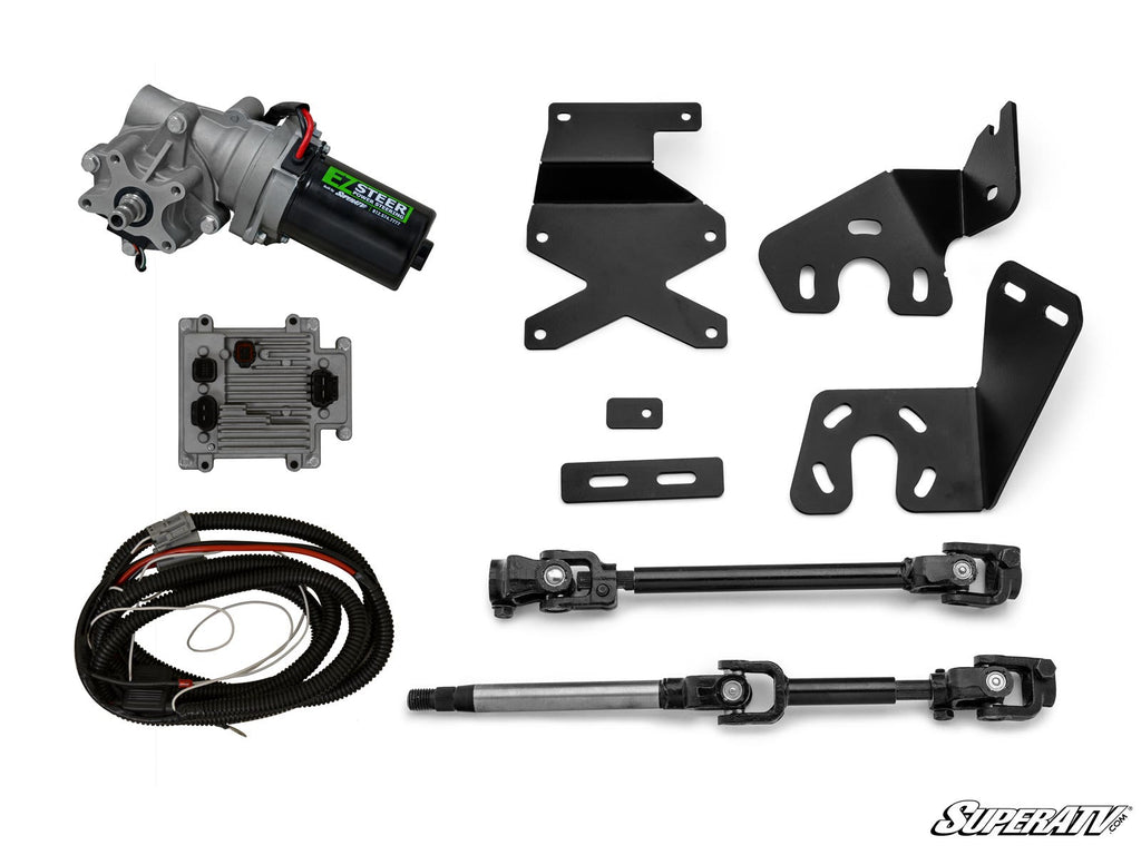 The Polaris Ranger XP Kinetic Power Steering Kit includes a motor, black metal brackets, two black U-joint steering shafts, wiring harness, and a small control unit. The SuperATV logo appears in the lower right corner on a white background.