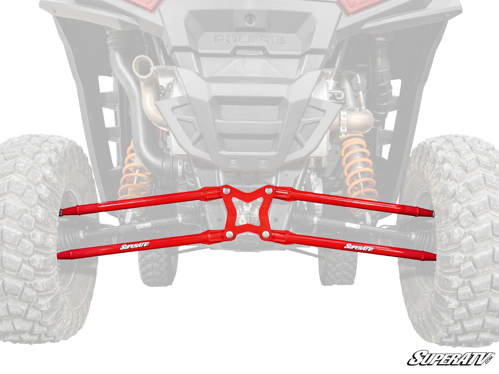 A pair of bright red Polaris RZR XP Radius Arms installed on the rear suspension of an off-road vehicle, with the rest of the vehicle faded to highlight the arms. Large tires, shocks, exhaust, and a SuperATV logo are visible.