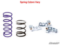 On the left, two coiled springs—purple and metallic—are shown; on the right, three silver clutch parts with bolts. Red text above states Spring Colors Vary. “SuperATV” logo appears lower right. Product: Polaris RZR S 1000 Clutch Kit on a white background.