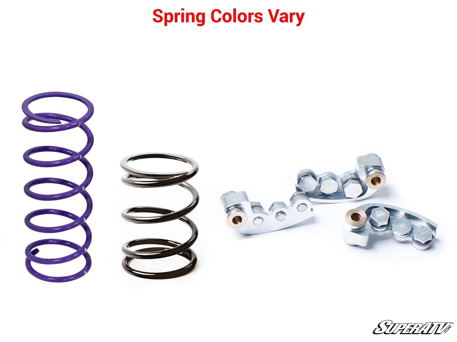 On the left, two coiled springs—purple and metallic—are shown; on the right, three silver clutch parts with bolts. Red text above states Spring Colors Vary. “SuperATV” logo appears lower right. Product: Polaris RZR S 1000 Clutch Kit on a white background.