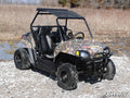A Polaris RZR 170 with a tinted roof, no doors, rugged tires, and “SuperATV” branding on the hood is parked on rocky ground near a grassy field. Its camouflage pattern and black front bumper make it ready for off-road adventures.