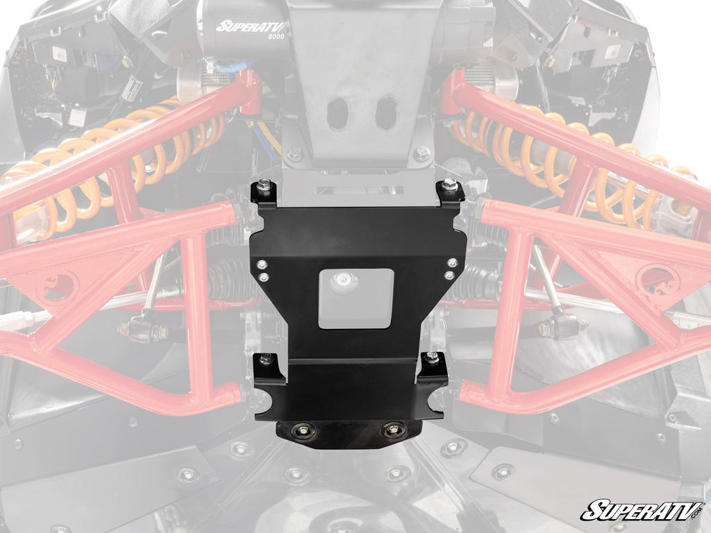 A Polaris RZR XP Frame Stiffener is mounted beneath the rear of an off-road vehicle, with red suspension arms and yellow coil springs visible. The background fades to highlight the frame stiffener, and the SuperATV logo appears in the lower right corner.