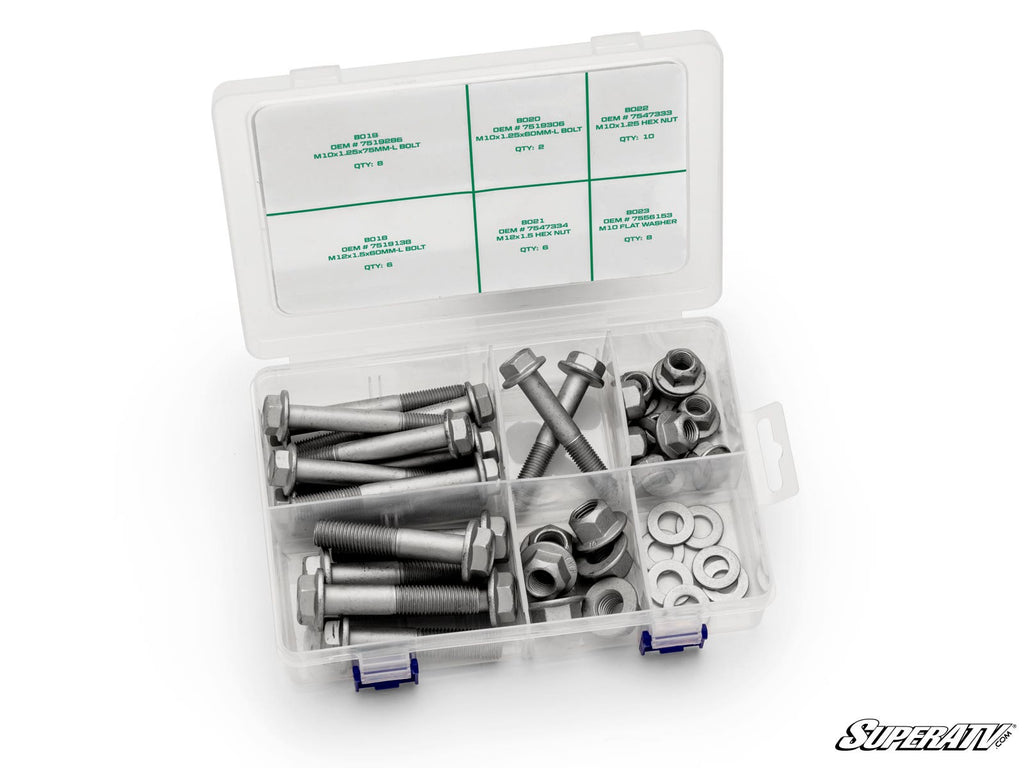 The Up & Running Polaris RZR RS1 Suspension Bolt Kit comes in a clear organizer box with labeled compartments for metal hex bolts, nuts, and washers. The lid has green size labels and the SuperATV logo appears at the bottom right. The box is slightly open