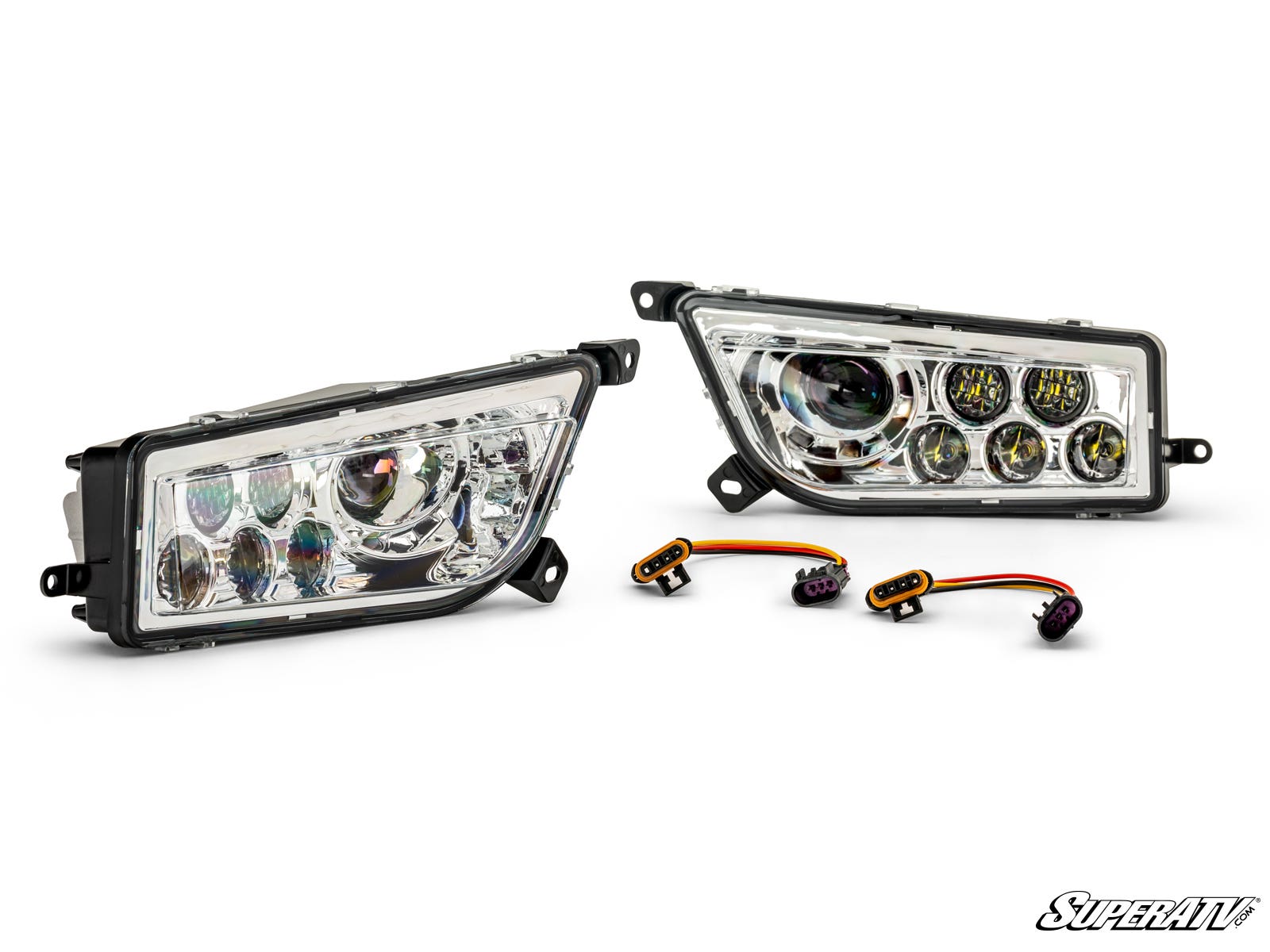 Two Up & Running Polaris RZR Replacement Headlight Assemblies with black trim are shown side by side, along with two wiring harnesses. The SuperATV logo is in the bottom right corner against a white background.