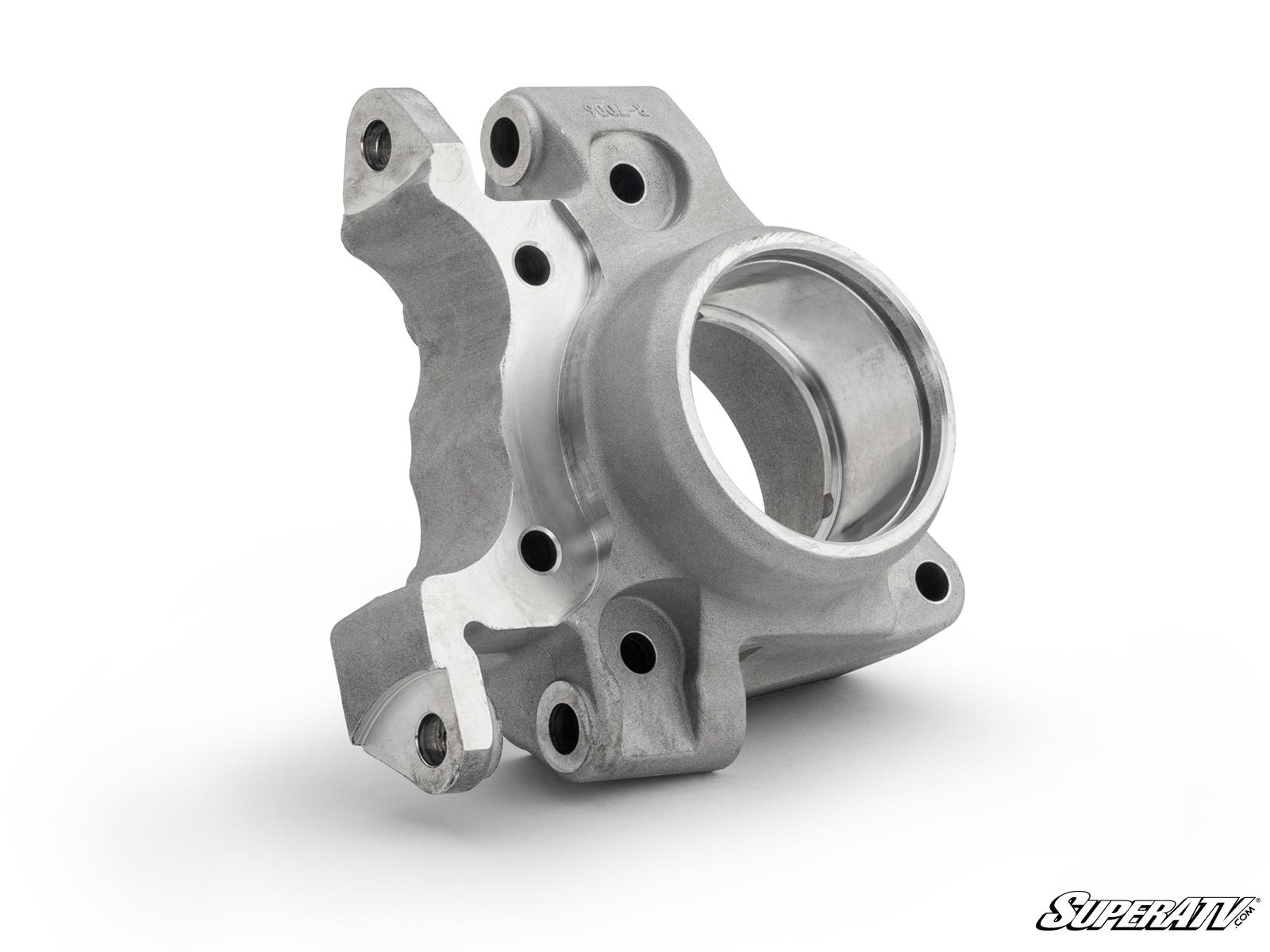 The Up & Running Polaris RZR XP 1000 Rear Knuckle, a machined metal component with multiple bolt holes and a large central opening, is shown on a white background with the SuperATV logo in the bottom right corner.