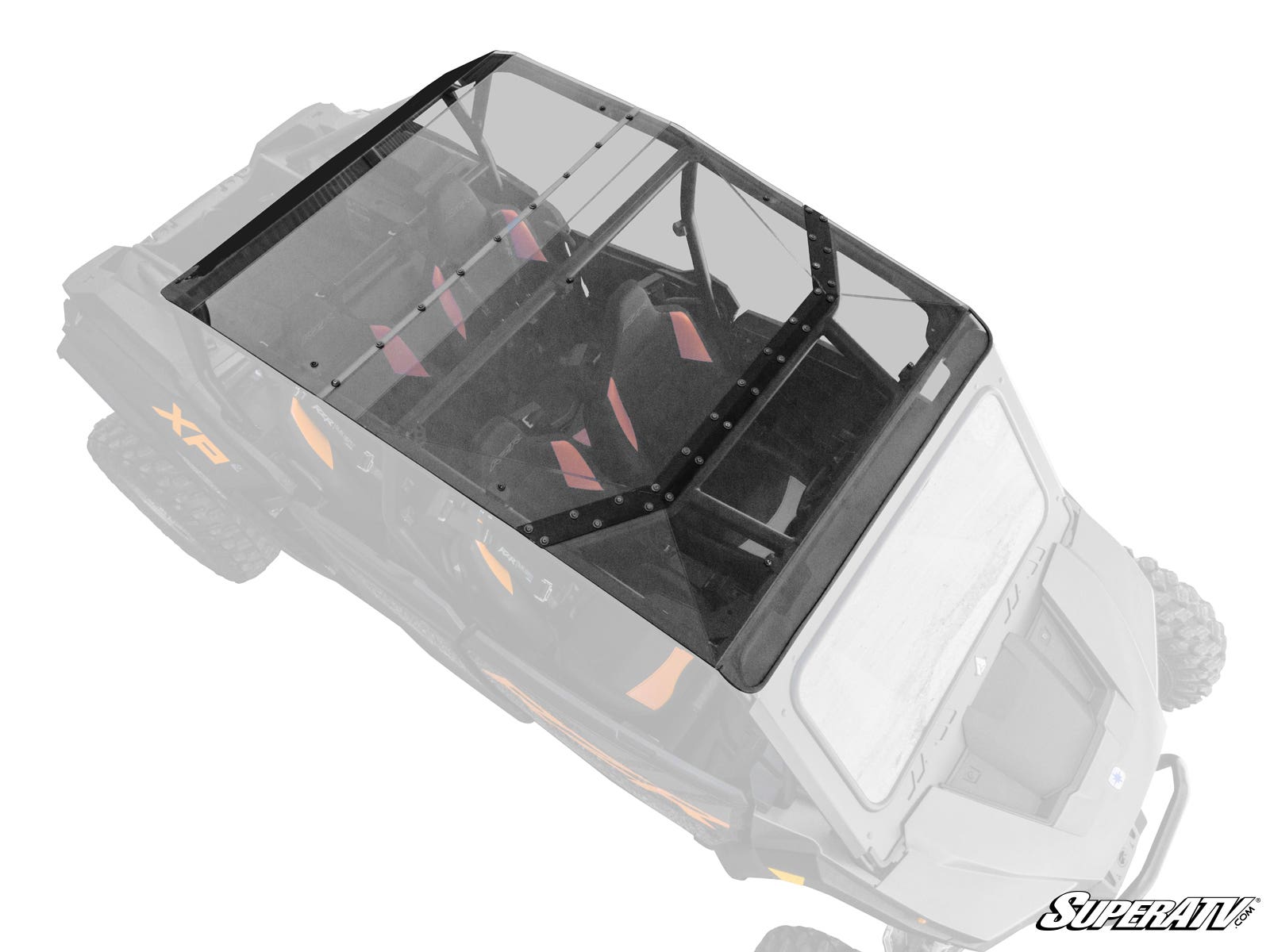 A Polaris RZR XP 4 Tinted Roof is installed on a black and orange side-by-side utility vehicle, covering the cabin and seats. The semi-transparent polycarbonate roof is shown from a high angle with the SuperATV logo in the bottom right.