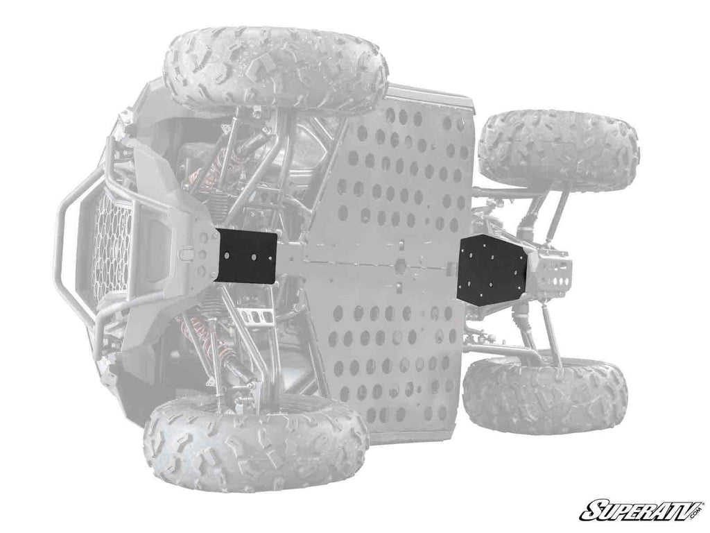 A greyed-out Polaris RZR 200 is shown from underneath, highlighting the dark metal skid plate mounted to the chassis for protection; visible tires and frame details, with a SuperATV logo in the lower right corner.