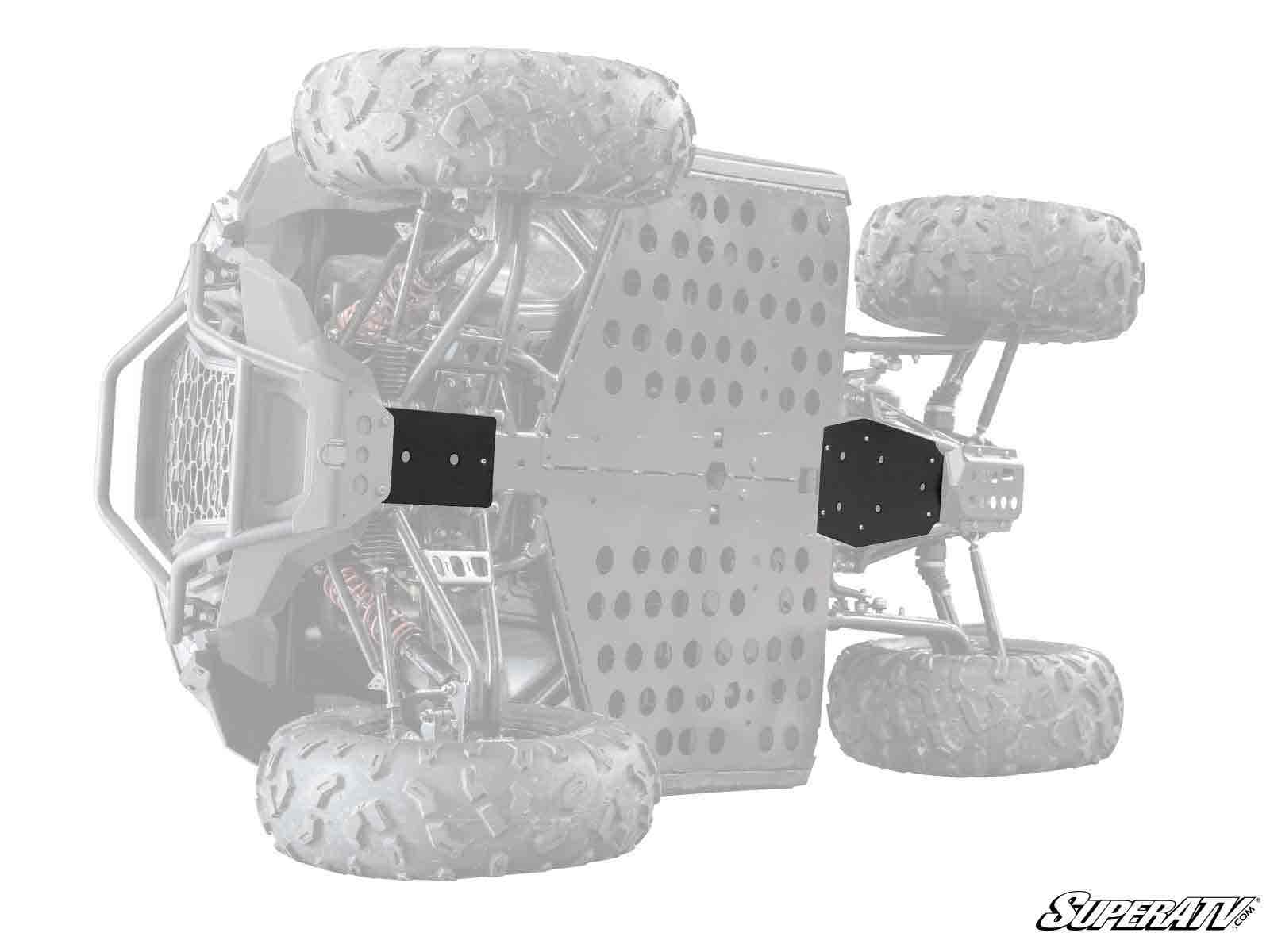 A greyed-out Polaris RZR 200 is shown from underneath, highlighting the dark metal skid plate mounted to the chassis for protection; visible tires and frame details, with a SuperATV logo in the lower right corner.