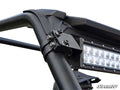 Close-up of a Polaris RZR 30 Straight/Curved Light Bar Cage Mounting Bracket securing a rectangular LED light bar to a black metal roll cage with bolts. The image details the mounting hardware, with the SuperATV logo in the bottom right corner.