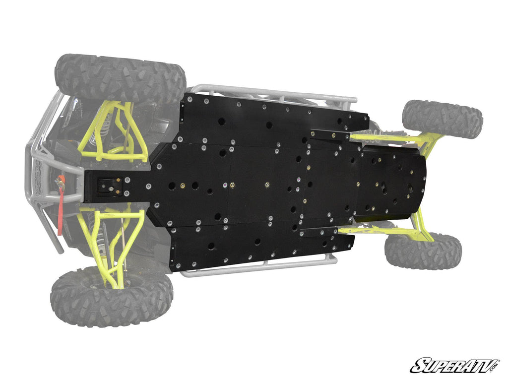 A Polaris RZR XP 4 1000 Full Skid Plate is mounted beneath the vehicle, shown from a bottom-up view. The black metal plate with multiple bolts and holes covers the chassis, while wheels and suspension appear partially in faded gray.