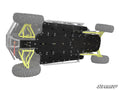 A Polaris RZR XP 4 1000 Full Skid Plate is mounted beneath the vehicle, shown from a bottom-up view. The black metal plate with multiple bolts and holes covers the chassis, while wheels and suspension appear partially in faded gray.