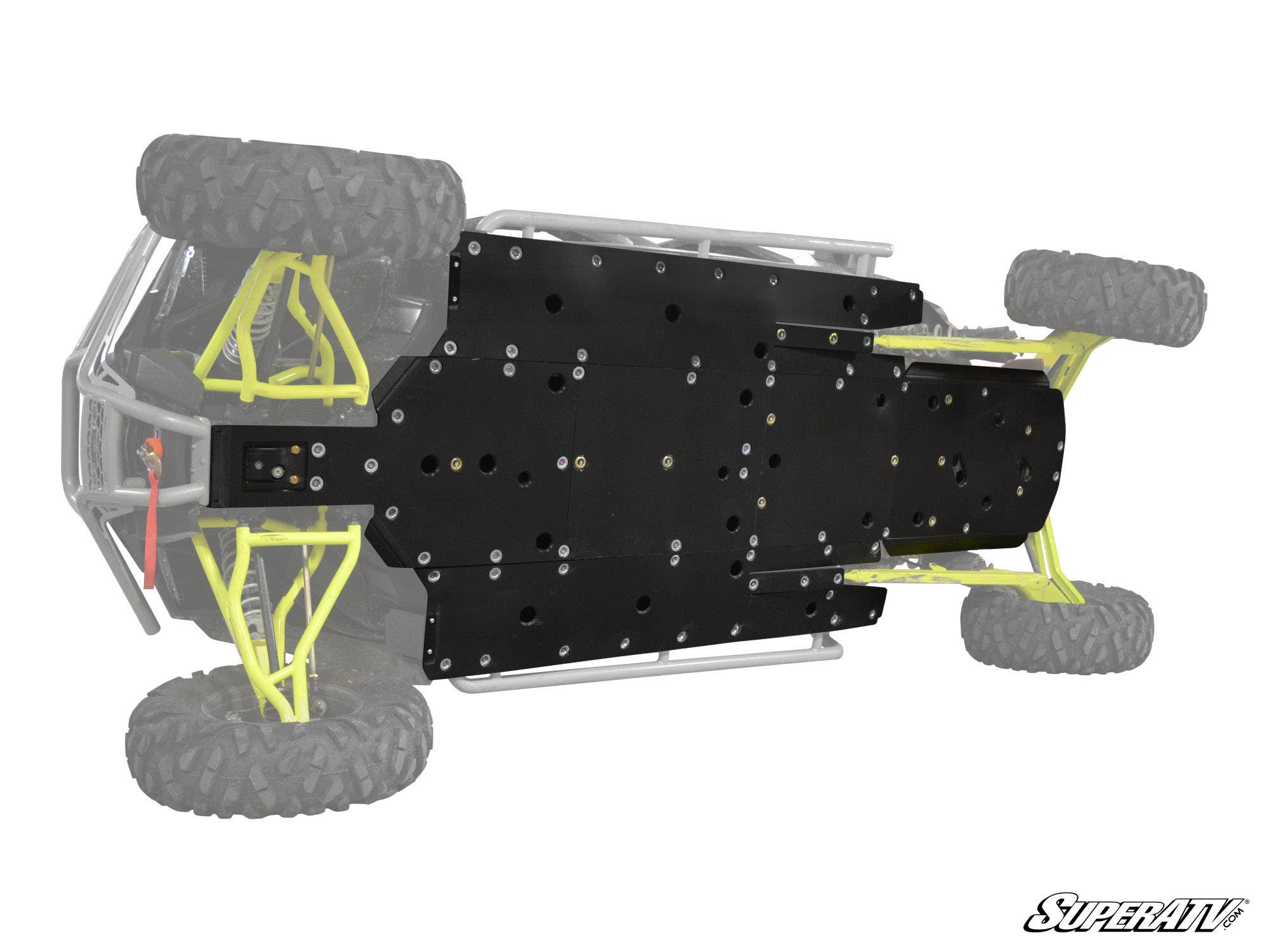 A Polaris RZR XP 4 1000 Full Skid Plate is mounted beneath the vehicle, shown from a bottom-up view. The black metal plate with multiple bolts and holes covers the chassis, while wheels and suspension appear partially in faded gray.