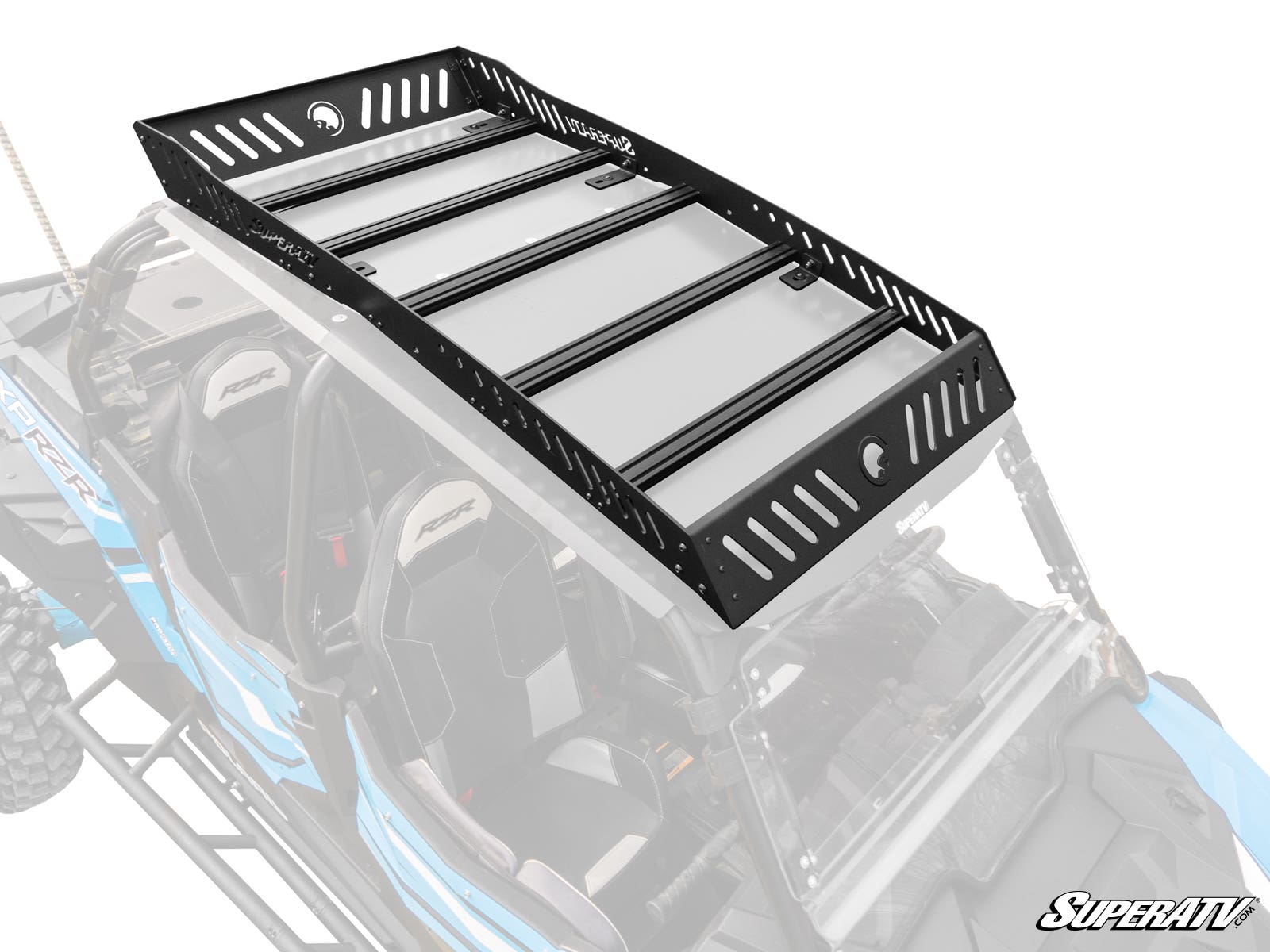 A Polaris RZR XP 4 Turbo Outfitter Sport Roof Rack with slotted sides and crossbars is shown mounted on a blue two-seat off-road vehicle rendered semi-transparent. The SuperATV logo is in the bottom right corner.