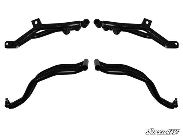 Four black metal suspension A-arms, arranged in two pairs, are shown on a white background. Each pair has curved tubular parts with brackets and joints. The Polaris RZR 800 5 Lift Kit is displayed, with the SuperATV logo in the bottom right corner.