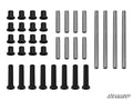 The image displays Polaris RZR 570 A-Arm Bushings—metal and black cylindrical parts, such as bushings, sleeves, and bolts—arranged in rows by type on a white background. The SuperATV logo is at the bottom right corner.