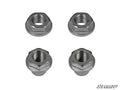 Four new Polaris RZR 800 Portal Gear Lift Recessed Nuts with washer-like bases are arranged in a square on a white background. The SuperATV logo appears in the bottom right corner.