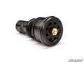 A close-up of a Polaris RZR Trail S 1000 Ball Joint shows its cylindrical metal body, black exterior, and hexagonal gold center screw on a white background with the SuperATV logo in the bottom right.