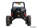 A Polaris RZR Trail S 900 with a 7-10 Lift Kit is shown from the front, equipped with large tires, red springs, a winch, and LED light bars. The windshield features a SUPERATV decal and the SuperATV logo is in the lower right corner.