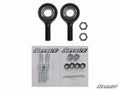 The image displays the Polaris RZR XP 1000 Heavy-Duty Tie Rod End Replacement Kit: two black metal tie rod ends with threaded shafts, matching hex nuts, and hardware kits in SuperATV bags. The SuperATV logo is visible in the bottom right corner.