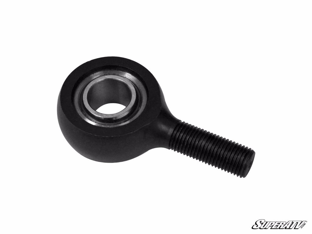 The Polaris RZR 570 Heavy-Duty Tie Rod End Replacement Kit includes a black metal heim joint rod end with a circular hole, internal bearing, and threaded shaft. The SuperATV logo is shown in the bottom right corner on a white background.
