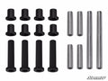 A set of twelve black cylindrical Polaris RZR XP 900 A-Arm Bushings and six metal rods—three longer black bushings and three shorter silver rods—are arranged in rows on a white background with the SuperATV logo in the bottom right corner.