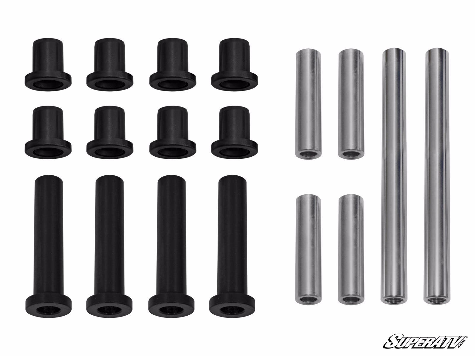 A set of twelve black cylindrical Polaris RZR XP 900 A-Arm Bushings and six metal rods—three longer black bushings and three shorter silver rods—are arranged in rows on a white background with the SuperATV logo in the bottom right corner.