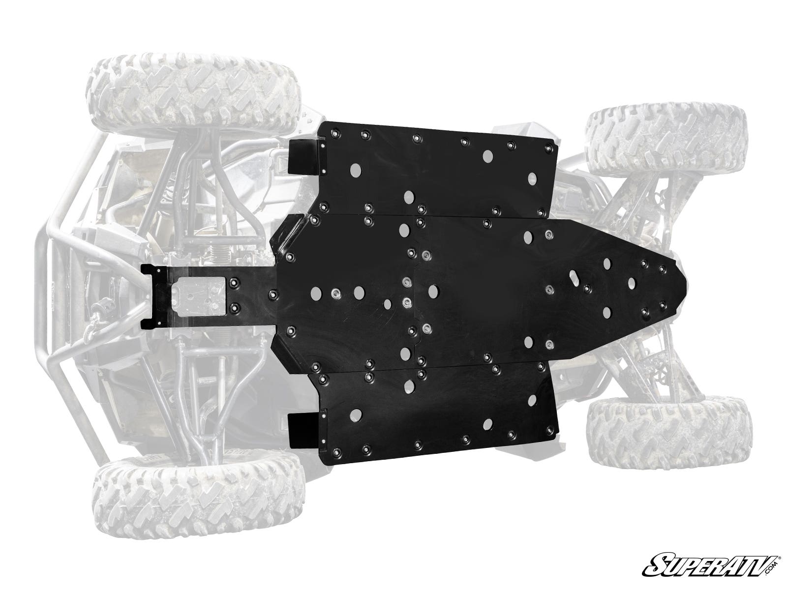 A Polaris RZR Trail S 900 Full Skid Plate is mounted under a faded, semi-transparent off-road vehicle, showcasing how it protects the underside. The “SuperATV” logo appears in the bottom right corner.