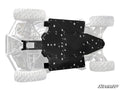A Polaris RZR Trail S 1000 Full Skid Plate, in black metal, is mounted beneath an off-road vehicle, spanning its full length and width. The faded vehicle appears in the background with the SuperATV logo at the lower right.