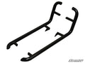 Polaris RZR 900 Heavy-Duty Nerf Bars: Black metal U-shaped sliders with two perpendicular mounting tabs and angled step bars. SuperATV logo appears in the bottom right on a white background.
