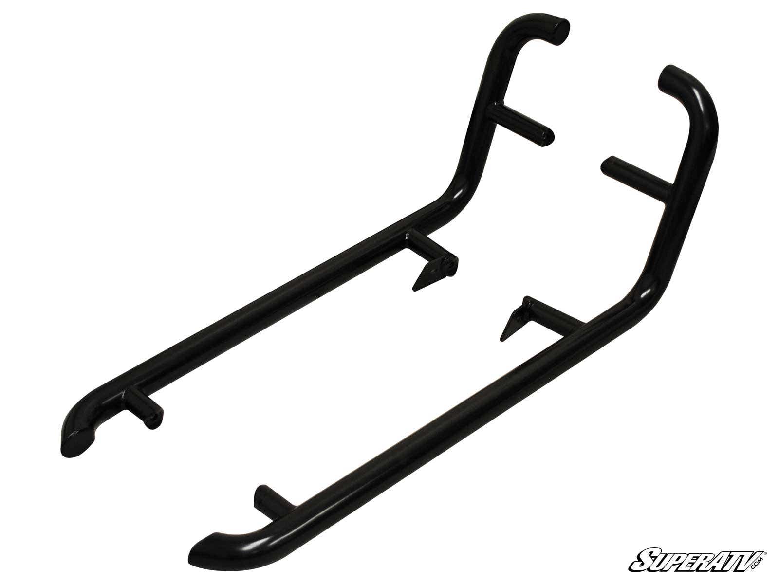 Polaris RZR 900 Heavy-Duty Nerf Bars: Black metal U-shaped sliders with two perpendicular mounting tabs and angled step bars. SuperATV logo appears in the bottom right on a white background.