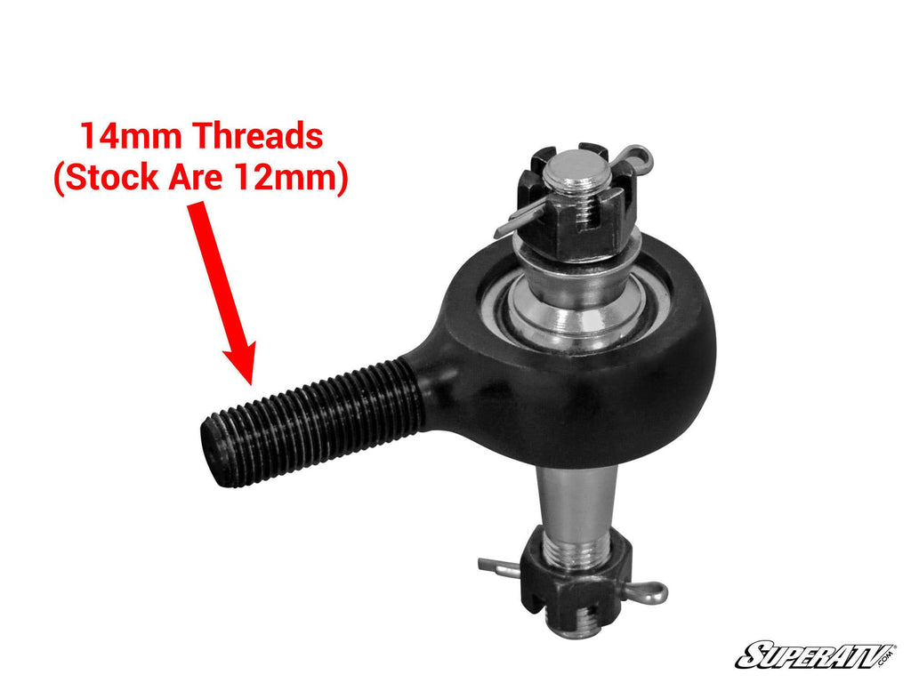A Polaris RZR 900 Heavy-Duty Tie Rod Kit is shown with a metal ball joint, black threaded shaft marked 14mm Threads (Stock Are 12mm) by a red arrow, castle nuts and cotter pins at each end, and the SuperATV logo on a white background.
