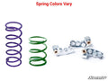 A purple and a green coil spring stand upright on the left, with two silver clutch parts on the right. Red text above reads “Spring Colors Vary.” The SuperATV logo is in the lower right. White background. Polaris RZR Trail 900 Clutch Kit.