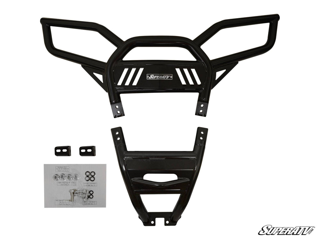 The Polaris RZR 900 Rear Bumper features a black metal, angular design and includes two small brackets, mounting screws, an instruction sheet, and a SuperATV logo—all neatly displayed on a white background.