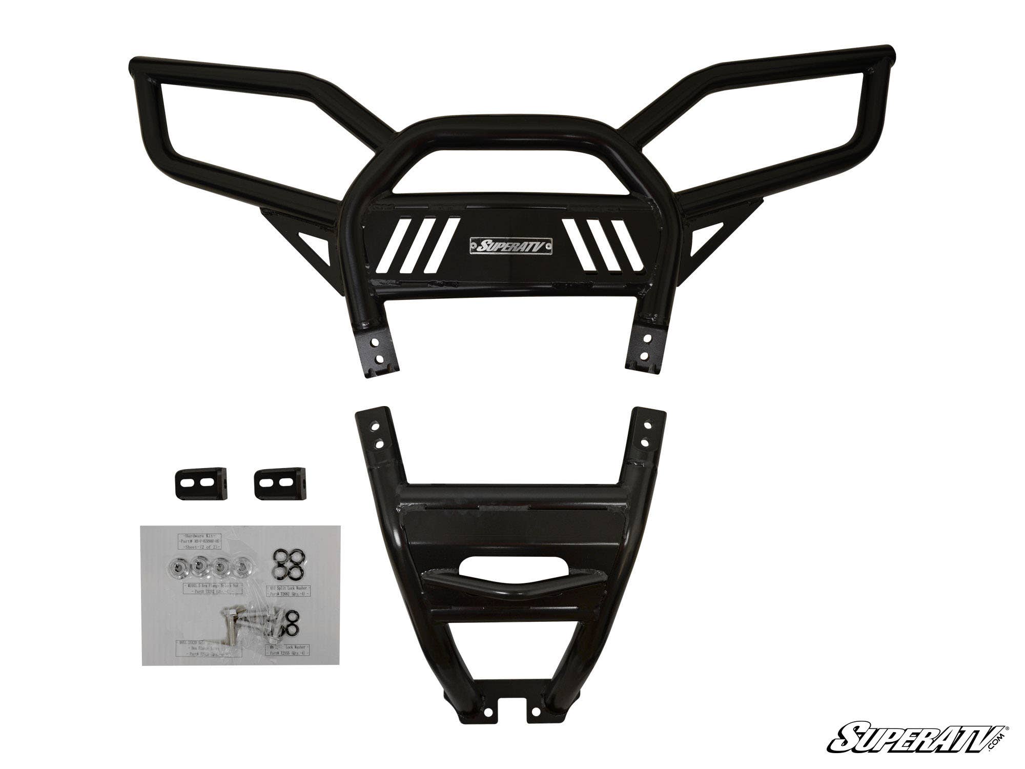 A black metal Polaris RZR S 1000 Rear Bumper kit is shown, featuring a large angular main bumper, lower bracket, two mounting plates, screws, and an instruction sheet. The SuperATV logo is visible in the corner.