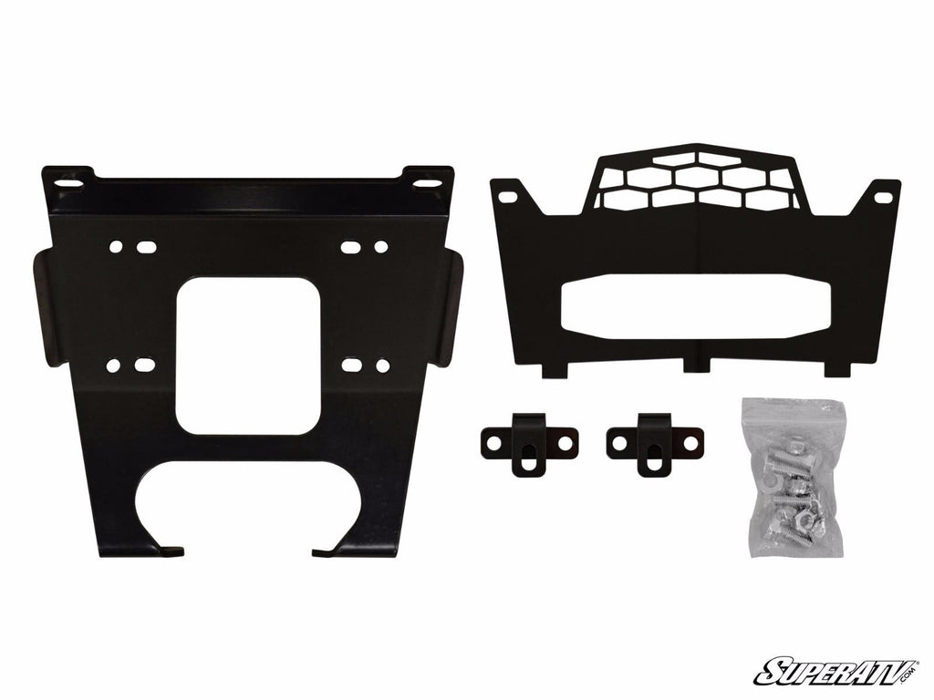 A Polaris RZR 900 Winch Mounting Plate with black metal brackets, plates, two small brackets, and a clear plastic bag of screws and hardware arranged on a white background. The SuperATV logo is in the bottom right corner.
