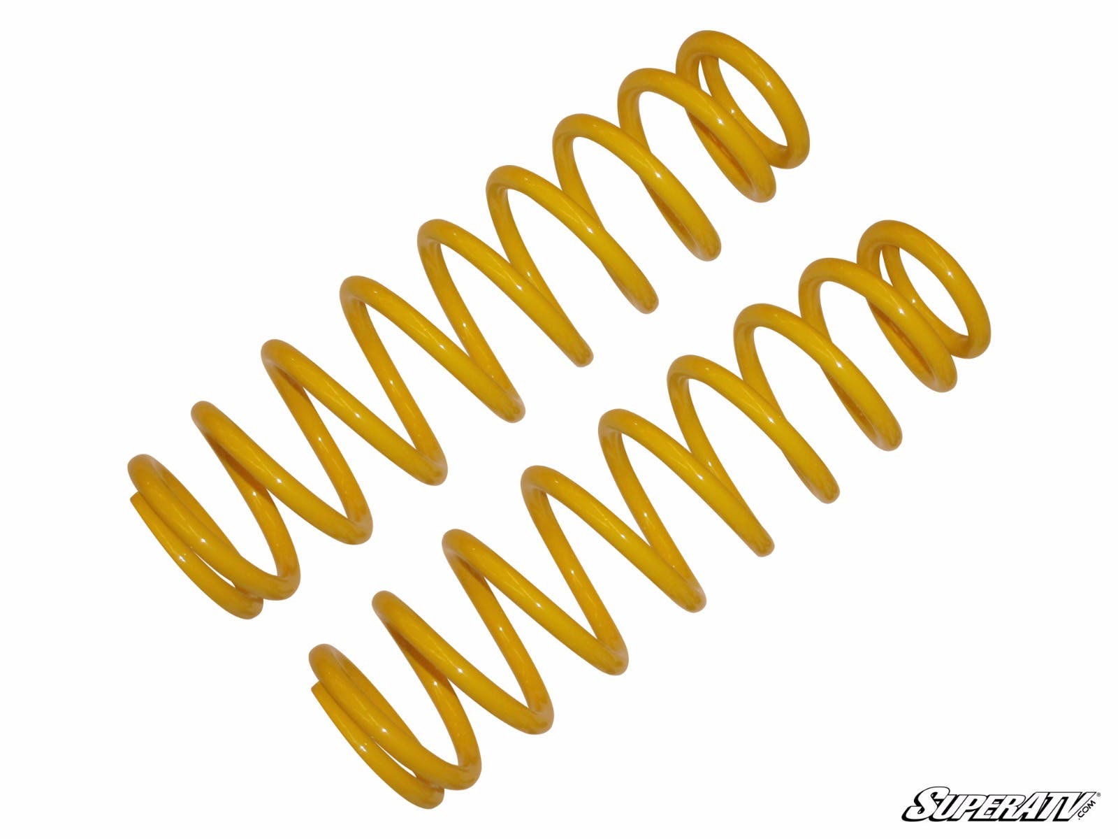 A pair of identical Polaris RZR Front Coil Springs with uniform, tightly wound yellow coils are displayed diagonally on a white background. The SuperATV logo appears in the bottom right corner.