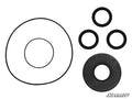 Five black rubber seals and O-rings of varying sizes from the Polaris RZR Front Differential Seal Kit are shown on a white background. The thick seal at bottom right has text, and the SuperATV logo appears in the lower right corner.
