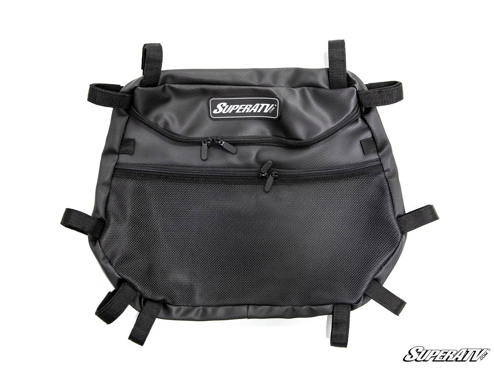The Polaris RZR Overhead Storage Bag is black with the SuperATV logo, features a main zippered compartment, a smaller front zippered pocket, a mesh front pocket, and multiple adjustable straps for secure attachment. Displayed on a white background.