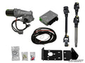 The Polaris RZR 570 Power Steering Kit includes a motor, control module, wiring harness, two steering shafts, mounting brackets, fasteners, and connectors—everything arranged neatly on a white background.