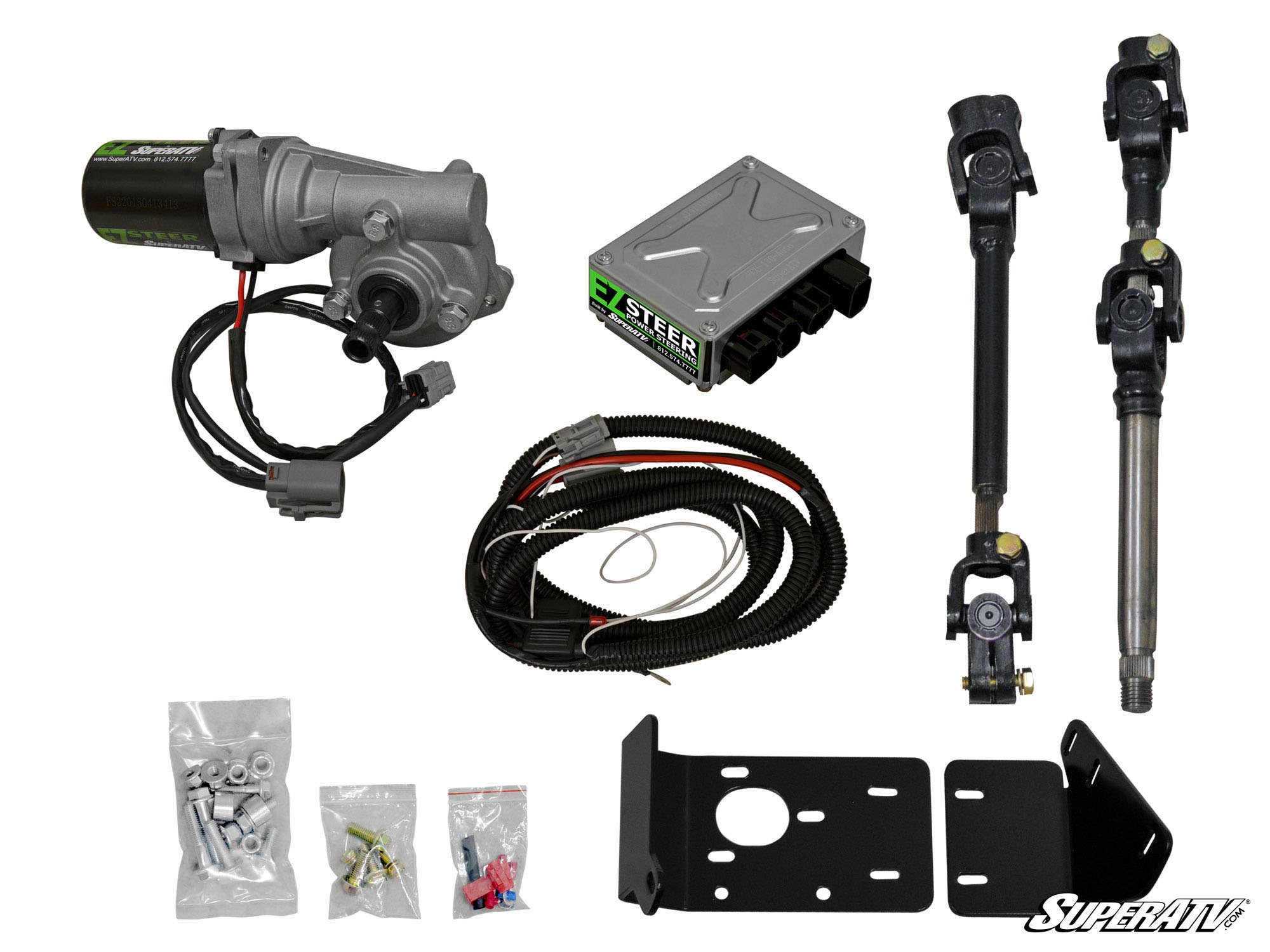 The Polaris RZR 570 Power Steering Kit includes a motor, control module, wiring harness, two steering shafts, mounting brackets, fasteners, and connectors—everything arranged neatly on a white background.