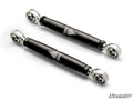 Two black Assault Industries Polaris RZR Pro S Barrel Front Sway Bar End Links with silver spherical rod ends are displayed diagonally on a white background, each featuring a center logo and the SuperATV logo in the bottom right.