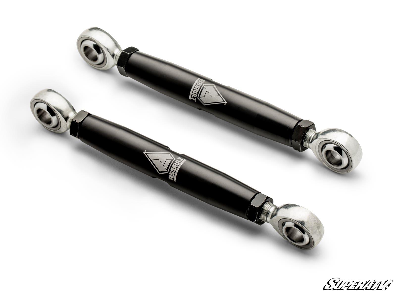 Two black Assault Industries Polaris RZR Pro S Barrel Front Sway Bar End Links with silver spherical rod ends are displayed diagonally on a white background, each featuring a center logo and the SuperATV logo in the bottom right.